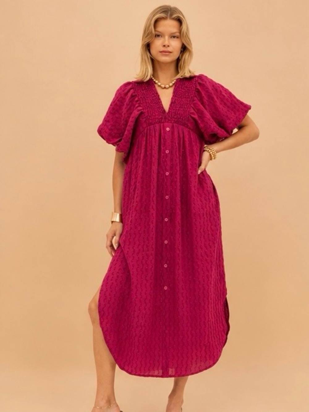 Entro Magenta Puff Sleeve Maxi Dress NWT